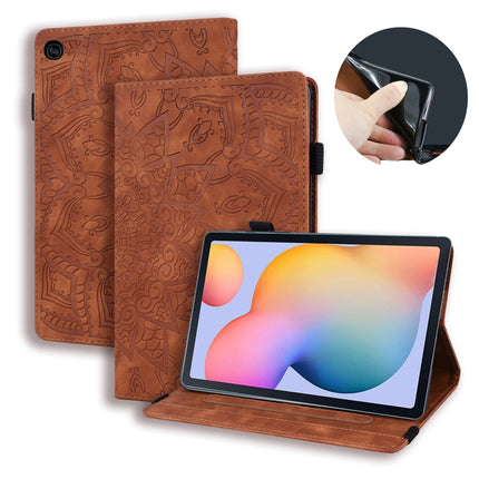 For Samsung Galaxy Tab S6 Lite Calf Pattern Double Folding Design Embossed Leather Case with Holder & Card Slots & Pen Slot & Elastic Band(Brown)-garmade.com