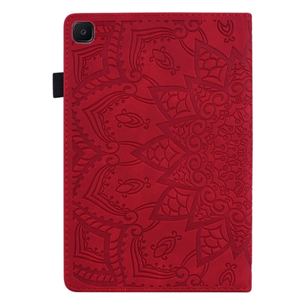 For Samsung Galaxy Tab S6 Lite Calf Pattern Double Folding Design Embossed Leather Case with Holder & Card Slots & Pen Slot & Elastic Band(Red)-garmade.com