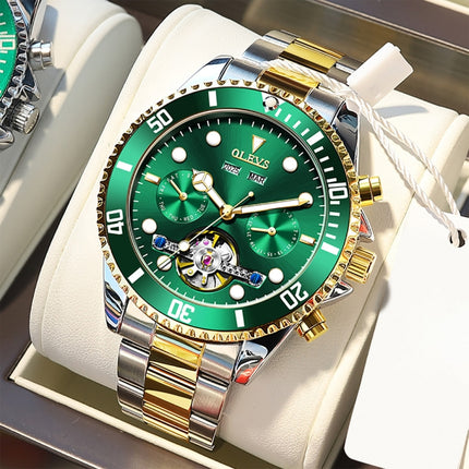 OLEVS 6605 Men Multifunctional Waterproof Mechanical Watch(Green + Gold)-garmade.com