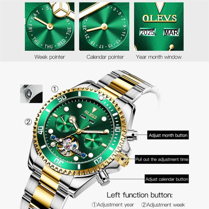 OLEVS 6605 Men Multifunctional Waterproof Mechanical Watch(Green + Gold)-garmade.com