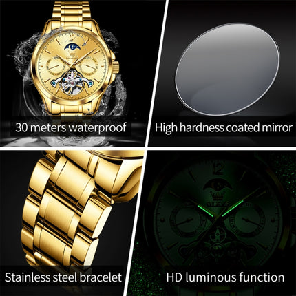 OLEVS 6663 Men Multifunctional Waterproof Hollow Steel Strap Mechanical Watch(Gold)-garmade.com