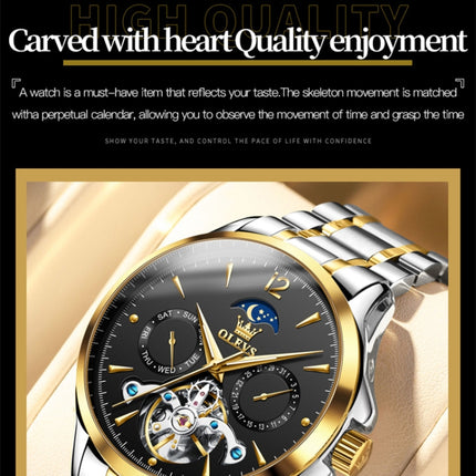 OLEVS 6663 Men Multifunctional Waterproof Hollow Steel Strap Mechanical Watch(Black + Gold)-garmade.com