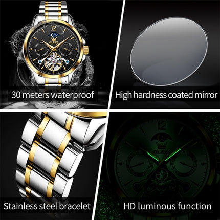 OLEVS 6663 Men Multifunctional Waterproof Hollow Steel Strap Mechanical Watch(Black + Gold)-garmade.com