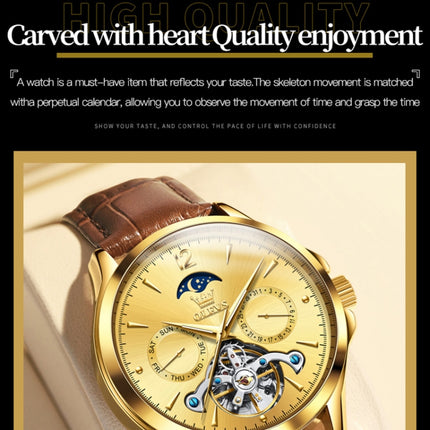 OLEVS 6663 Men Multifunctional Waterproof Hollow Leather Strap Mechanical Watch(Gold + Brown)-garmade.com