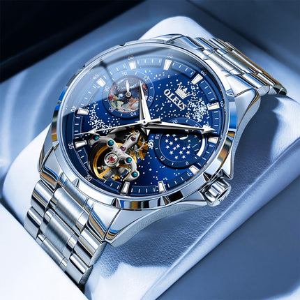 OLEVS 6671 Men Luminous Waterproof Hollow Steel Strap Mechanical Watch(Blue)-garmade.com
