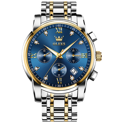 OLEVS 2858 Men Multifunctional Business Waterproof Quartz Watch(Blue + Gold)-garmade.com