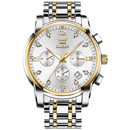 OLEVS 2858 Men Multifunctional Business Waterproof Quartz Watch(White + Gold)-garmade.com