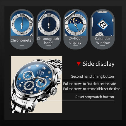 OLEVS 2889 Men Multifunctional Luminous Waterproof Quartz Watch(Blue)-garmade.com