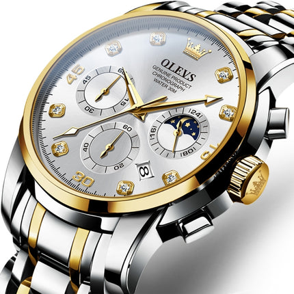 OLEVS 2889 Men Multifunctional Luminous Waterproof Quartz Watch(White + Gold)-garmade.com