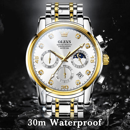 OLEVS 2889 Men Multifunctional Luminous Waterproof Quartz Watch(White + Gold)-garmade.com