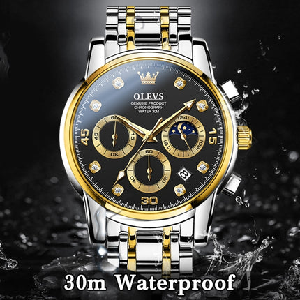 OLEVS 2889 Men Multifunctional Luminous Waterproof Quartz Watch(Black + Gold)-garmade.com