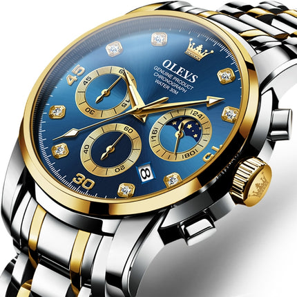 OLEVS 2889 Men Multifunctional Luminous Waterproof Quartz Watch(Blue + Gold)-garmade.com