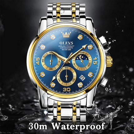 OLEVS 2889 Men Multifunctional Luminous Waterproof Quartz Watch(Blue + Gold)-garmade.com