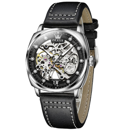 OLEVS 6651 Men Luminous Waterproof Hollow Mechanical Watch(Black + White)-garmade.com