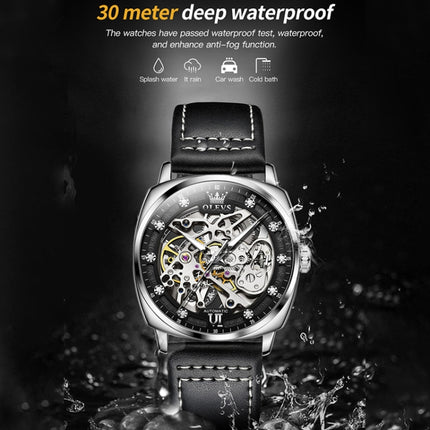 OLEVS 6651 Men Luminous Waterproof Hollow Mechanical Watch(Black + White)-garmade.com