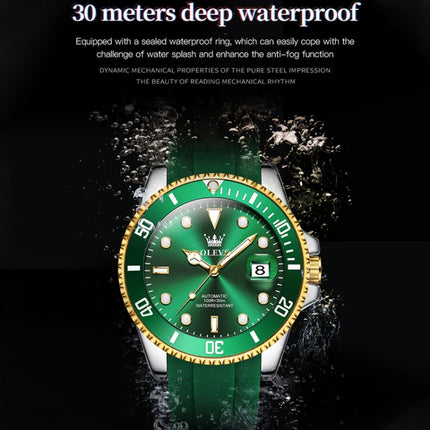 OLEVS 6650 Men Luminous Waterproof Silicone Strap Mechanical Watch(Green + Gold)-garmade.com