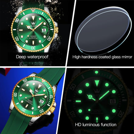 OLEVS 6650 Men Luminous Waterproof Silicone Strap Mechanical Watch(Green + Gold)-garmade.com