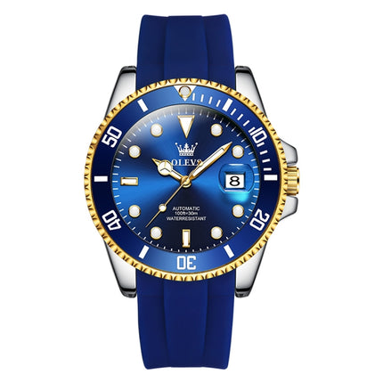 OLEVS 6650 Men Luminous Waterproof Silicone Strap Mechanical Watch(Blue + Gold)-garmade.com