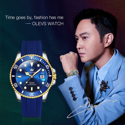 OLEVS 6650 Men Luminous Waterproof Silicone Strap Mechanical Watch(Blue + Gold)-garmade.com