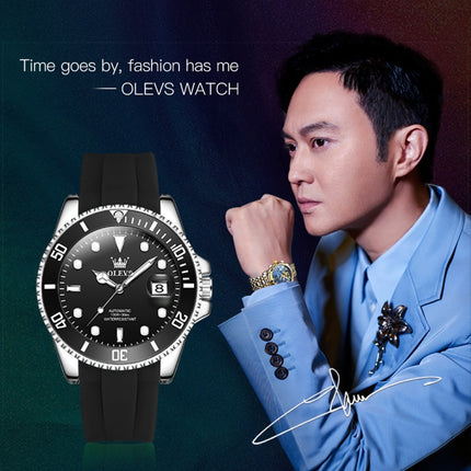 OLEVS 6650 Men Luminous Waterproof Silicone Strap Mechanical Watch(Black)-garmade.com