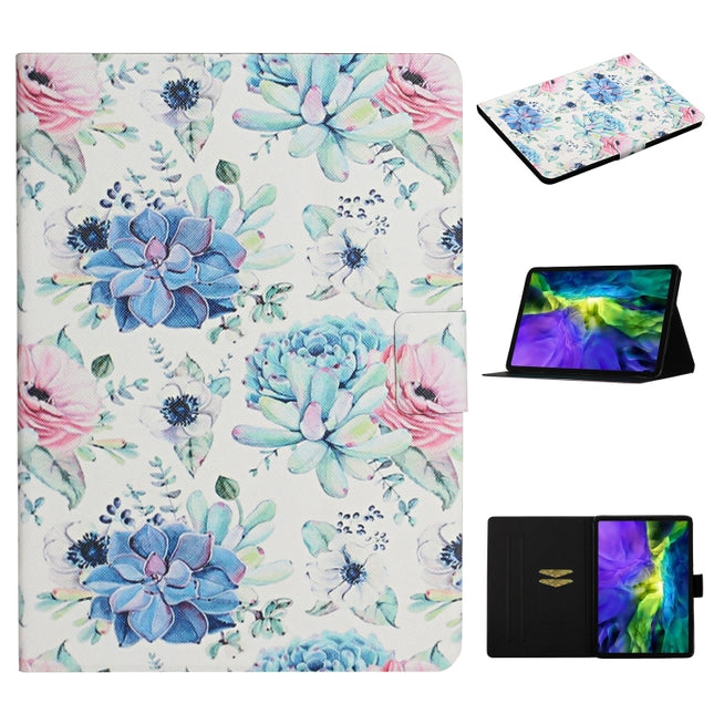 For iPad Pro 11 2020 Flower Pattern Horizontal Flip Leather Tablet Case with Card Slots & Holder(Blue Flower On White)-garmade.com