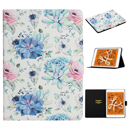 For iPad Mini 4 & 3 & 2 & 1 Flower Pattern Horizontal Flip Leather Case with Card Slots & Holder(Blue Flower On White)-garmade.com