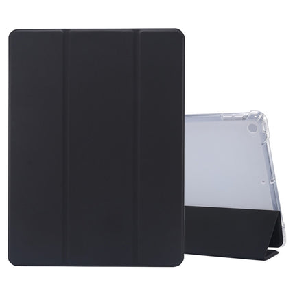 For iPad 10.2 2021 / 2020 / 2019 3-folding Electric Pressed Skin Texture Horizontal Flip Shockproof Transparent TPU + PU Leather Case with Holder & Pen Slot & Sleep / Wake-up Function(Black)-garmade.com