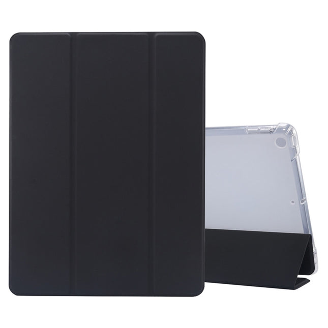 For iPad 10.2 2021 / 2020 / 2019 3-folding Electric Pressed Skin Texture Horizontal Flip Shockproof Transparent TPU + PU Leather Case with Holder & Pen Slot & Sleep / Wake-up Function(Black)-garmade.com