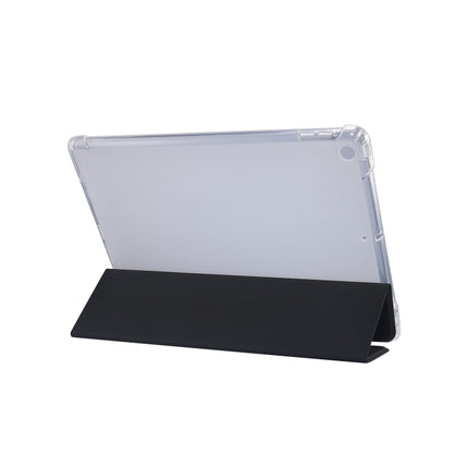 For iPad 10.2 2021 / 2020 / 2019 3-folding Electric Pressed Skin Texture Horizontal Flip Shockproof Transparent TPU + PU Leather Case with Holder & Pen Slot & Sleep / Wake-up Function(Black)-garmade.com