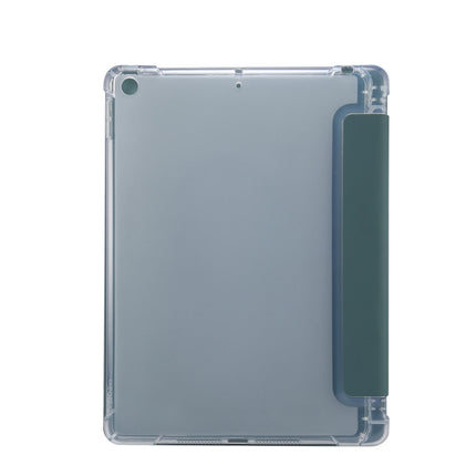 For iPad 10.2 2021 / 2020 / 2019 3-folding Electric Pressed Skin Texture Horizontal Flip Shockproof Transparent TPU + PU Leather Case with Holder & Pen Slot & Sleep / Wake-up Function(Dark Green)-garmade.com
