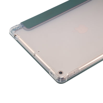 For iPad 10.2 2021 / 2020 / 2019 3-folding Electric Pressed Skin Texture Horizontal Flip Shockproof Transparent TPU + PU Leather Case with Holder & Pen Slot & Sleep / Wake-up Function(Dark Green)-garmade.com