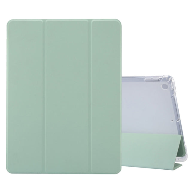 For iPad 10.2 2021 / 2020 / 2019 3-folding Electric Pressed Skin Texture Horizontal Flip Shockproof Transparent TPU + PU Leather Case with Holder & Pen Slot & Sleep / Wake-up Function(Matcha Green)-garmade.com