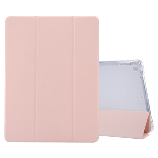 For iPad 10.2 2021 / 2020 / 2019 3-folding Electric Pressed Skin Texture Horizontal Flip Shockproof Transparent TPU + PU Leather Case with Holder & Pen Slot & Sleep / Wake-up Function(Light Pink)-garmade.com