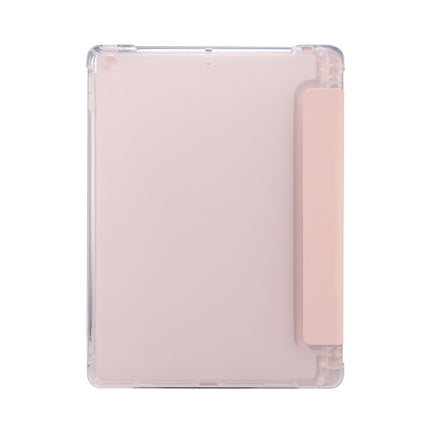 For iPad 10.2 2021 / 2020 / 2019 3-folding Electric Pressed Skin Texture Horizontal Flip Shockproof Transparent TPU + PU Leather Case with Holder & Pen Slot & Sleep / Wake-up Function(Light Pink)-garmade.com