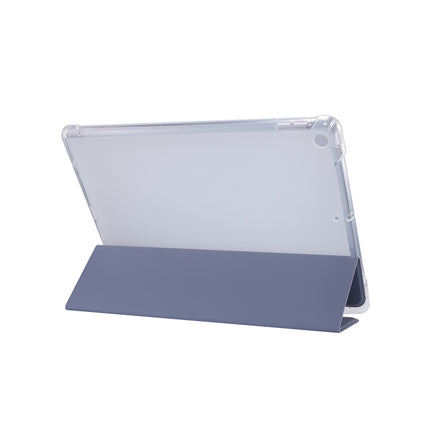 For iPad 10.2 2021 / 2020 / 2019 3-folding Electric Pressed Skin Texture Horizontal Flip Shockproof Transparent TPU + PU Leather Case with Holder & Pen Slot & Sleep / Wake-up Function(Lavender)-garmade.com