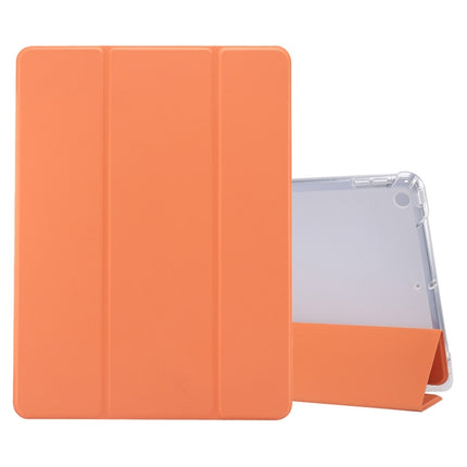 For iPad 10.2 2021 / 2020 / 2019 3-folding Electric Pressed Skin Texture Horizontal Flip Shockproof Transparent TPU + PU Leather Case with Holder & Pen Slot & Sleep / Wake-up Function(Orange)-garmade.com