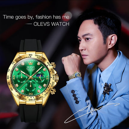 OLEVS 2875 Men Multifunctional Sports Chronograph Waterproof Quartz Watch(Green + Gold)-garmade.com
