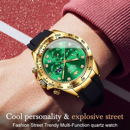 OLEVS 2875 Men Multifunctional Sports Chronograph Waterproof Quartz Watch(Green + Gold)-garmade.com