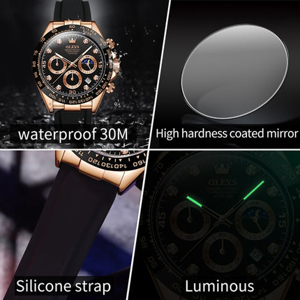 OLEVS 2875 Men Multifunctional Sports Chronograph Waterproof Quartz Watch(Black + Rose Gold)-garmade.com