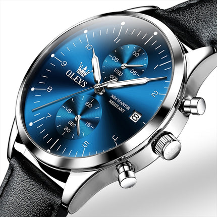 OLEVS 2880 Men Multifunctional Business Waterproof Leather Strap Quartz Watch(Blue)-garmade.com