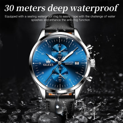 OLEVS 2880 Men Multifunctional Business Waterproof Leather Strap Quartz Watch(Blue)-garmade.com