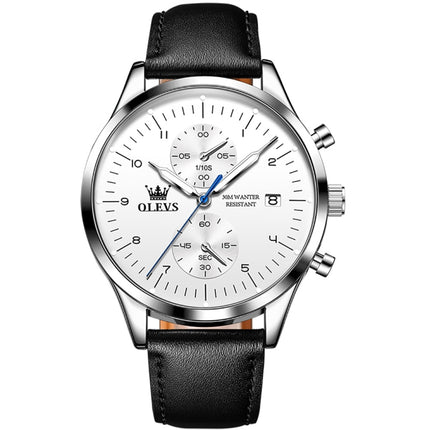 OLEVS 2880 Men Multifunctional Business Waterproof Leather Strap Quartz Watch(White)-garmade.com