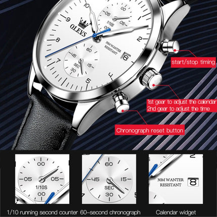 OLEVS 2880 Men Multifunctional Business Waterproof Leather Strap Quartz Watch(White)-garmade.com