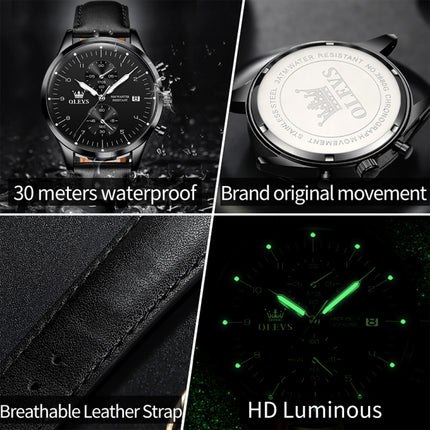 OLEVS 2880 Men Multifunctional Business Waterproof Leather Strap Quartz Watch(Black)-garmade.com