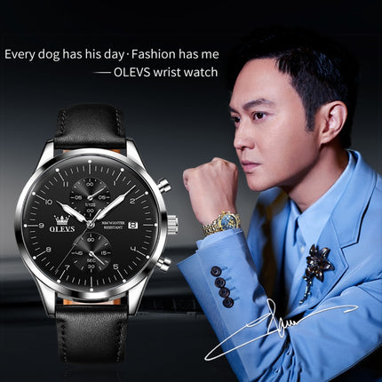 OLEVS 2880 Men Multifunctional Business Waterproof Leather Strap Quartz Watch(Black + Silver)-garmade.com
