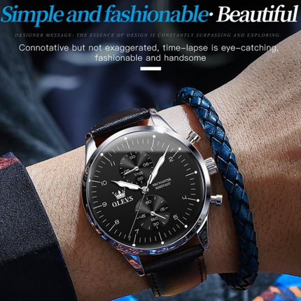 OLEVS 2880 Men Multifunctional Business Waterproof Leather Strap Quartz Watch(Black + Silver)-garmade.com