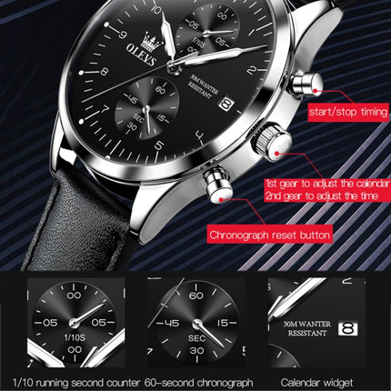 OLEVS 2880 Men Multifunctional Business Waterproof Leather Strap Quartz Watch(Black + Silver)-garmade.com