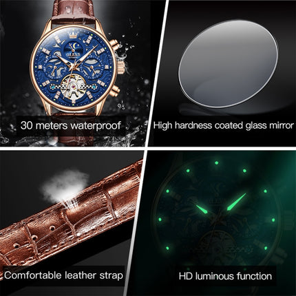 OLEVS 6658 Men Luminous Waterproof Leather Strap Mechanical Watch(Blue + Rose Gold)-garmade.com