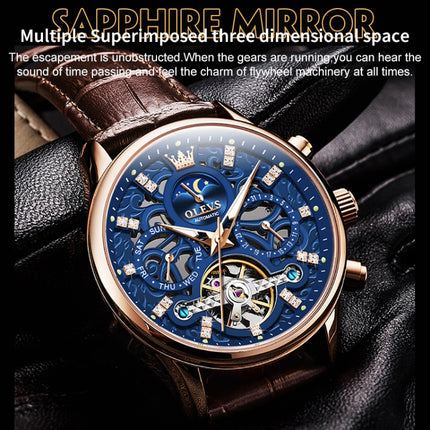 OLEVS 6658 Men Luminous Waterproof Leather Strap Mechanical Watch(Blue + Rose Gold)-garmade.com