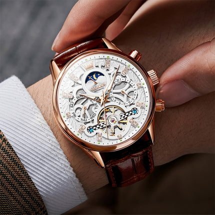 OLEVS 6658 Men Luminous Waterproof Leather Strap Mechanical Watch(White + Rose Gold)-garmade.com